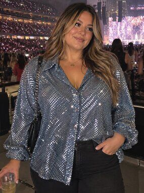 Vintage Y2K Venezia Jeans Plus Size 26/28 Silver Sequin Disco Button Up Top